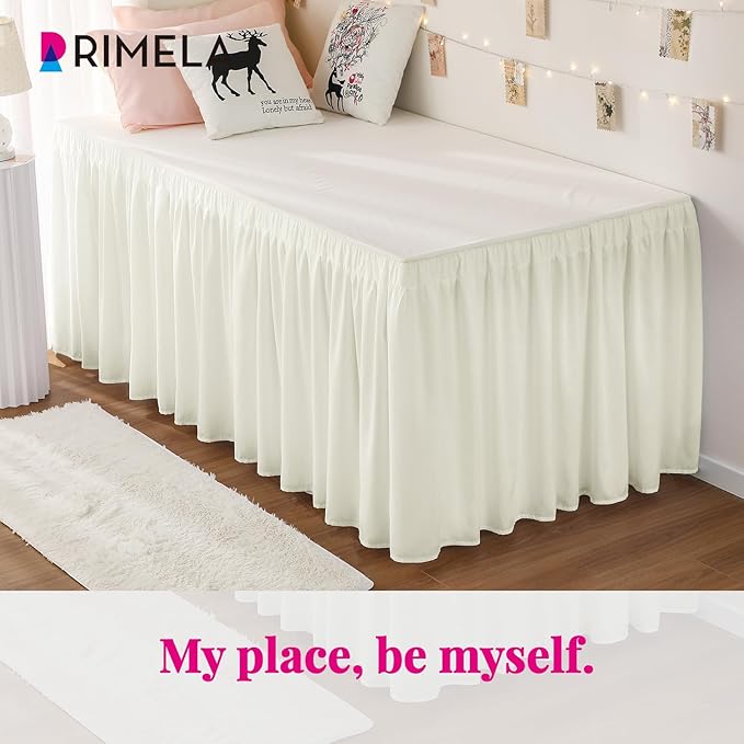 RIMELA Cream Dorm Bed Skirt Twin XL 32 Inch Drop, Easy to Install Extra Long Wrap Around Elastic Dust Ruffle, Bedskirt Silky Fabric Machine Washable (Twin XL 80“L x 39”W & Twin 75“L x 39”W)