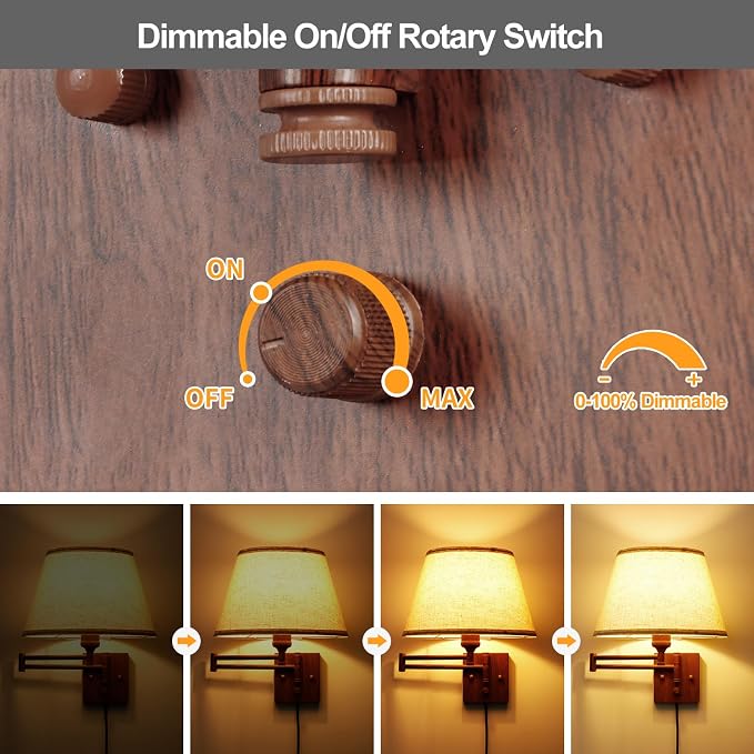 TRLIFE Dimmable Wall Sconce Plug in, Wall Sconces Set of Two Swing Arm Wall Lights with Plug in Cord and On/Off Dimmer Rotary Switch, 11.8" Large Beige Fabric Shade(2 Pack, Walnut Color)