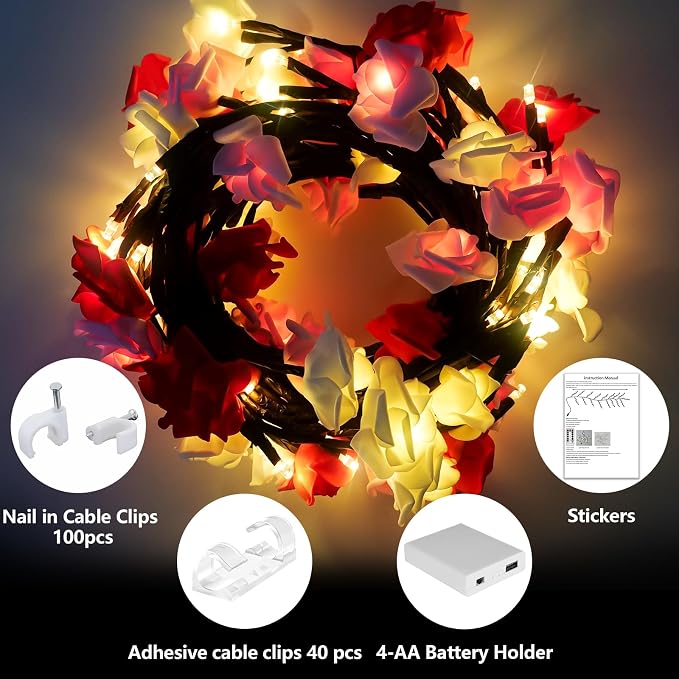7.55FT 144LED Rose Blossom Enchanted Willow Vine Lights with Battery Box | 3 Color Rose Blossom Tree Branch Lights for Wall, Remote Timer,8 Light Model,Bedroom Wall Doors Wedding, Christmas
