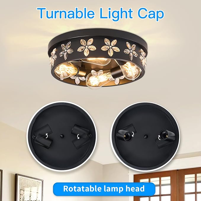 13.8 inch Black Flush Mount Ceiling Light Fixture | 4-Light, Industrial, Farmhouse, Bedroom, Living Room, Kitchen, Hallway, Foyer