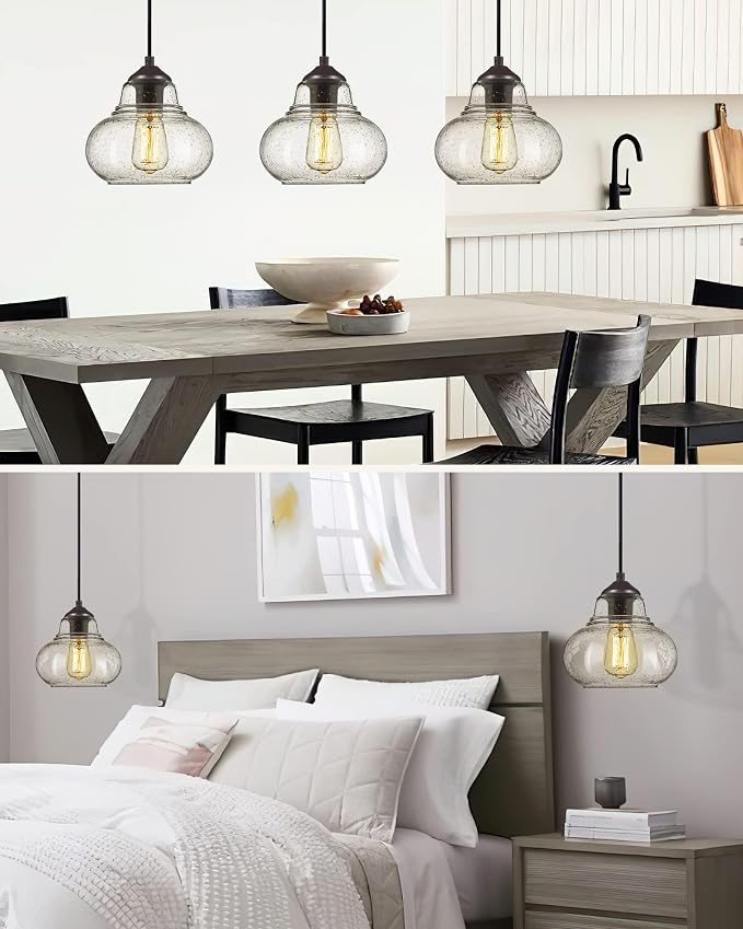 ELYONA 2 Pack Bubble Glass Pendant Lights, 8 Inch Vintage Hanging Lamp Seeded Glass Industrial Pendant Light Fixtures for Kitchen Island, Farmhouse, Bar, Bathroom, Dining Room, Oil Rubbed Bronze
