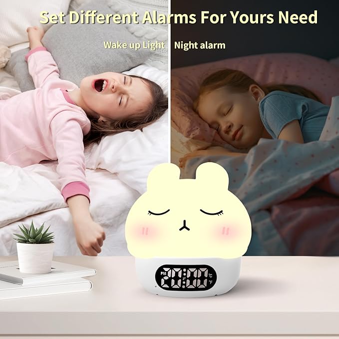 Bunny Alarm Clock with Night Light for Kids, Cute Digital Clocks for Bedrooms, Ok to Wake Clocks Battery Operated, Rechargeable Led Desk Clock With Timer, Bedside Clock Gifts for Teen Boys Girls White