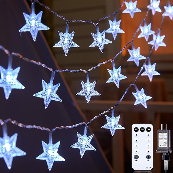 Minetom 33ft Plug in Star String Lights with Remote, White | Remote and Timer, Waterproof for Bedroom Tent Loft Bed Window Backyard Patio Porch Balcony Staircase Party Decor