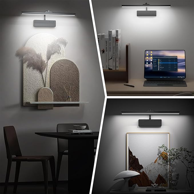Picture Light, 15.35inch Picture Lights for Wall Rechargeable, Battery Lights for Pictures on Wall, 3 Color Art Lighting for Paintings with Timer and Dimmable Artwork Display (Black-2PCS)