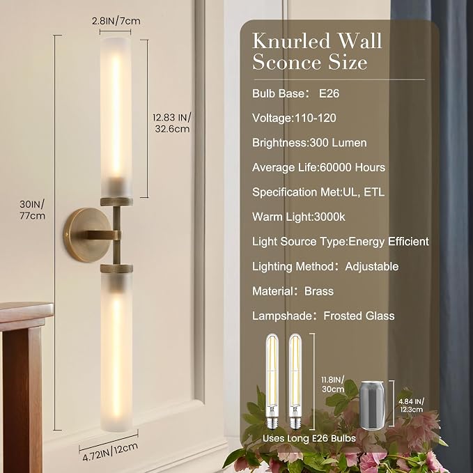 30" 2 Lights Hardwired Frosted Glass 2 PC Bathroom Wall Sconces, Handmade Knurled Brass Wall Light Fixture,Modern Vanity Light for Living Room,Hallway, Bedroom, Indoor Sconces