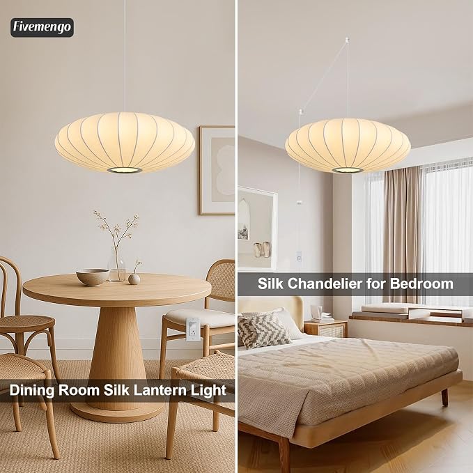 23.6in Plug in Lantern Pendant Light, Large White Imitation Silk Pendant Light Wabi Sabi Saucer Japanese Bubble Hanging Lamp Chandelier for Living Dinning Room Kitchen Island Bedroom 1 Pack