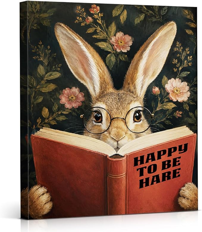 NSFBESSLIA Funny Reading Hare Painting, Whimsical Vintage Animal Decor, Happy To Be Hare, Humorous Wall Art for Living Room Bedroom Entryway, 8x10 Inch