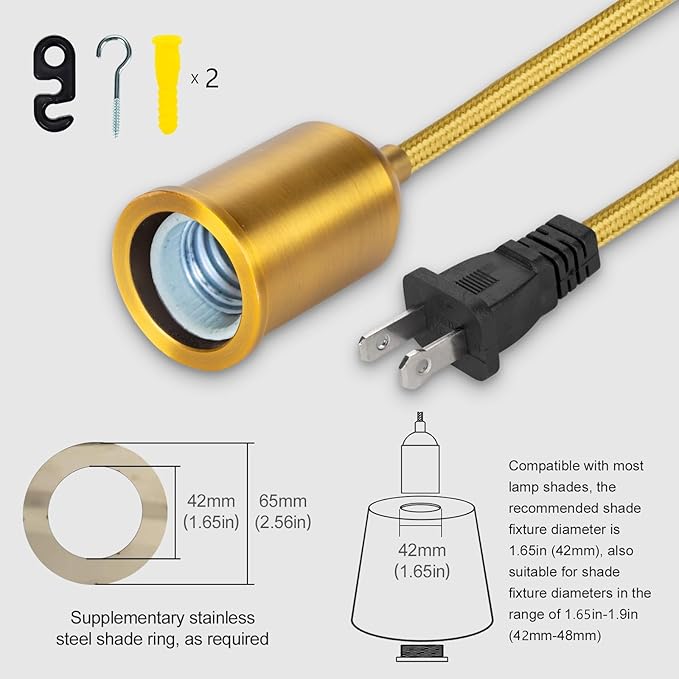 Hanging Lights with Plug in Pendant Light Cord kit Fixture Bulb Socket Golden Extension Lantern Fabric lamp Cord Switch Replacement Shade Industrial Porcelain Bulb Holder DIY Lighting 15ft 2 Set