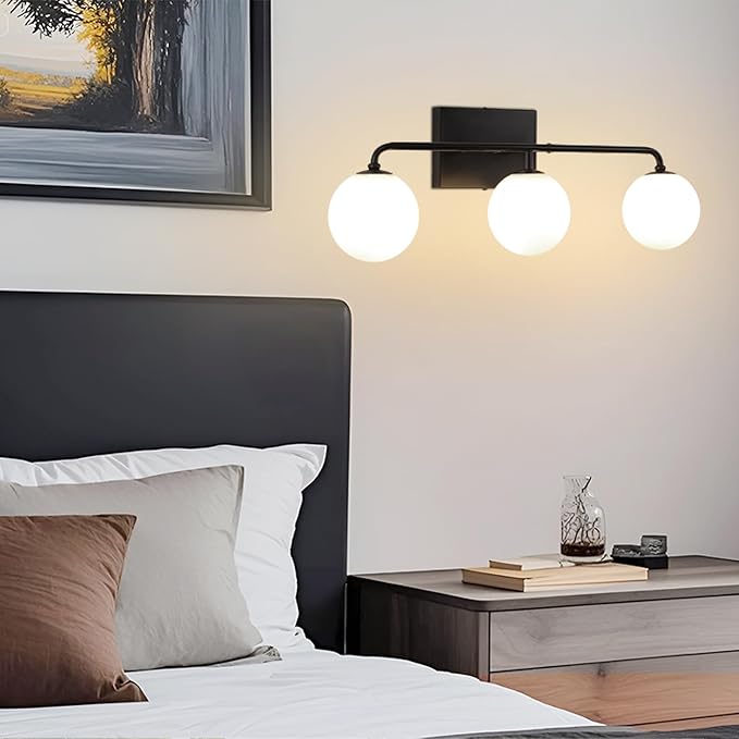 24.8" Black Globe Bathroom Vanity Light, 3-Light Mid Century Light Fixtures Over Mirror, Modern Vanity Lighting with Milk White Glass Shade for Bathroom Bedroom Living Room Hallway