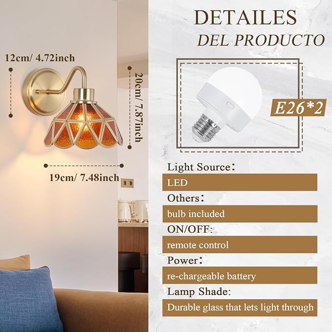 Battery Operated Sconces Set of 2, Vintage Wall Light with Remote, Rechargeable Wall Sconces RGB, No Socket Required, Easy to Install, Battery Operated Wall Sconce for Bedroom, Hallway, Aisle