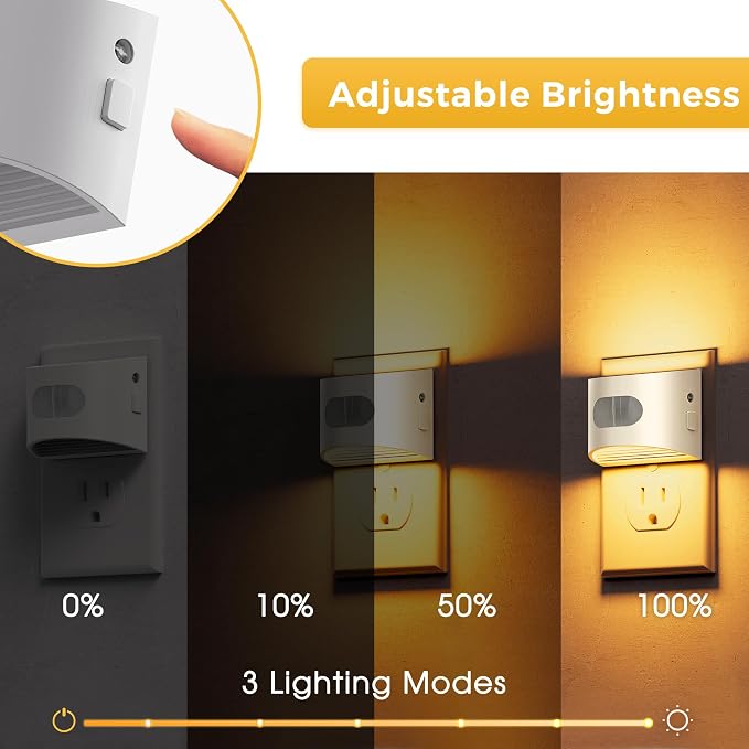 L LOHAS LED Motion Sensor Night Light, Night Lights Plug into Wall, Amber | Plug in Night Light with Dusk to Dawn Sensor, 30-100lm Adjustable Brightness, White Housing 2 Pack