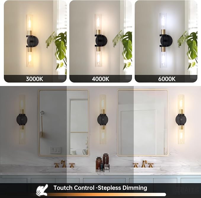 Shenmoyl Battery Operated Wall Sconces Set of Two,21" Black & Gold Rechargeable Wall Lighting Fixtures, Dimmable Wall Lights with Remote & Clear Glass Shade for Living Room,Bathroom,Bedroom