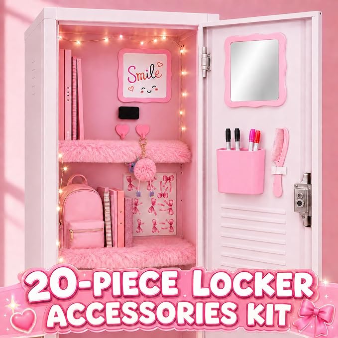 20 PCS Pink Locker Accessories Kit Back to School for Girls | Locker Decorations with Magnetic Mirror Dry Erase Whiteboard Pen Holder Rug String Lights Markers Magnets Hooks and Stickers