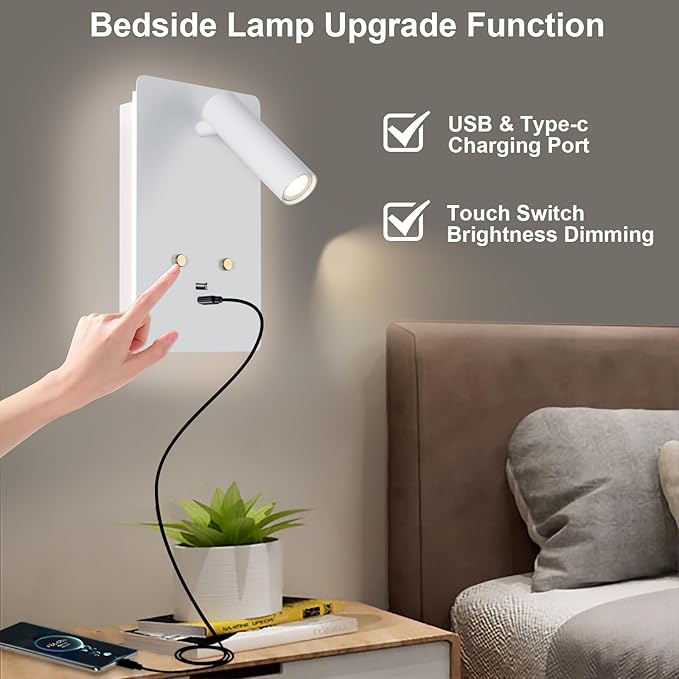 ZEROUNO Wall Mounted Reading Light Set of 2,Dimmable Adjustable Headboard Plug in Wall Sconce with USB A+C Ports,Touch Control Wall Light for Bedroom Bedside Lamps