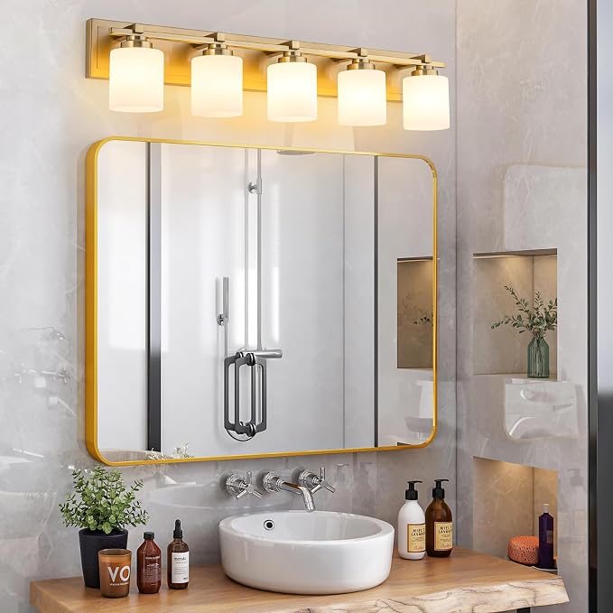 Modern Bathroom Light Fixtures Over Mirror, Vanity Lights for Bathroom Wall Sconces with Milky White Glass Shades, E26 Socket (Bulbs Not Included), 5 Light, Brass