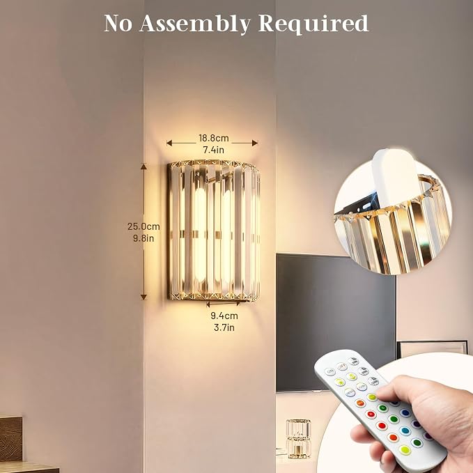 Black and Gold Battery Operated Wall Sconces Set of 2, Crystal Wireless Wall Lights with Remote, Rechargeable Cordless Wall Lamps 12 RGB and 3 CCT Dimmable Decor for Bedroom Living Room