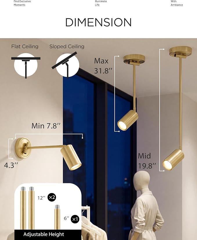FEMILA Modern Track Lighting, 3000K Bulb Included | Adjustable-height LED track light with a 180° arm, 90° tilt, and 350° rotation for bedside and office lighting