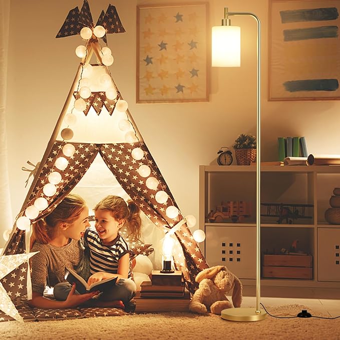 Floor Lamps for Living Room - Industrial Standing Lamp with Remote Control Glass Shade, Modern Gold Floor Lamp with LED Bulbs, Tall Lamp for Bedroom Office - Gold