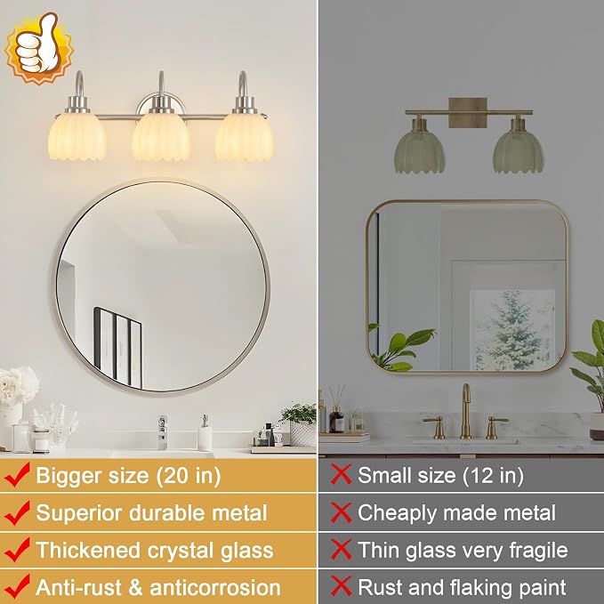 Bathroom Light Fixtures(3-Light, 20 Inch), Brushed Nickel Vanity Lights for Bathroom with Ribbed White Tulip Glass Shade, Vintage Vanity Wall Lights for Mirror Bedroom Living Room Hallway