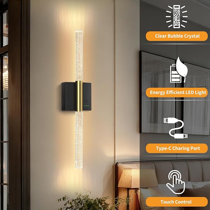 Battery Operated Sconces Set of 2, 28in Rechargeable Wireless Wall Lights | 8000mAh Dimmable Modern LED Wall Lamp Fixtures with Timer Function for Living Room Bedroom Bathroom Hallway, Black