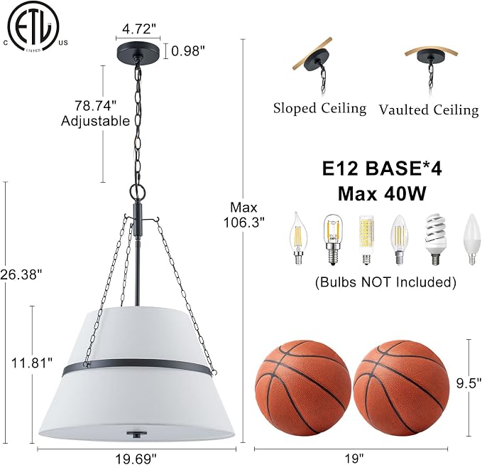 20" Black Drum Chandelier for Dining Room, White Linen Shade Pendant Light | Modern Transitional, Large Fabric Drum Design, 4-Light, 3 Side Chains, for Kitchen Island,Adjustable Height,19.69"W × 26.38"H
