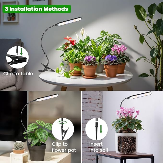 Plant Lights, LED Full Spectrum with Gooseneck & Clip, 3Pack | 6000K Rectangular Grow Lights for Indoor Plants, Timer 6/12/16Hrs, 3 Spectrums, 5 Dimmable Levels, for Pot & Table
