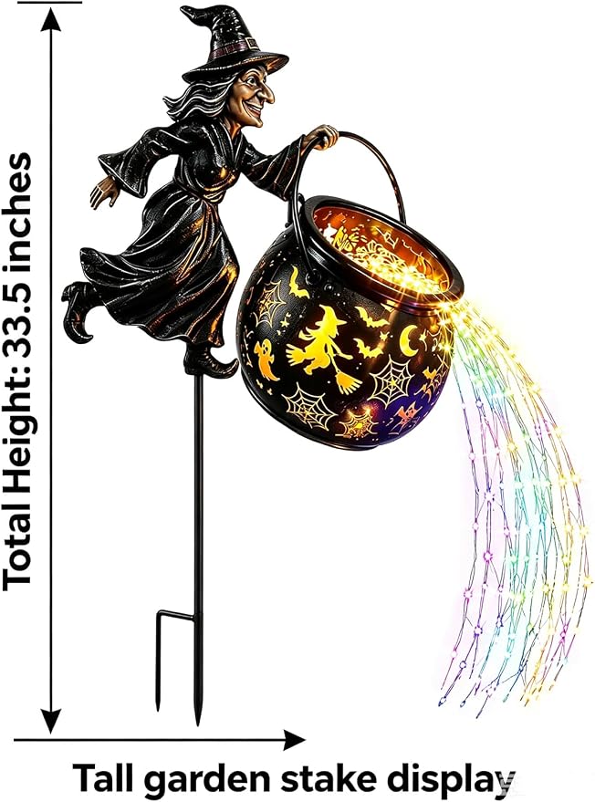 Halloween Witch Cauldron Garden Light,33.5″ Witch Stake Garden Light | Total height of 33.5 inches, Includes 1*12m, 100-light solar-powered multicolored LED light strip, Waterproof
