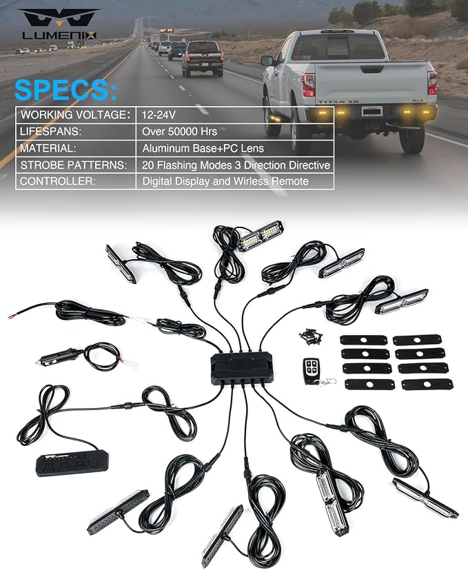 LUMENIX Grille Strobe Lights Kits for Trucks w/Controller, 8PCs High-Intensity LED Deck | Surface Mount Emergency Construction Vehicles Snowplow Side Marker Flashing Warning Light Assemblies - Amber