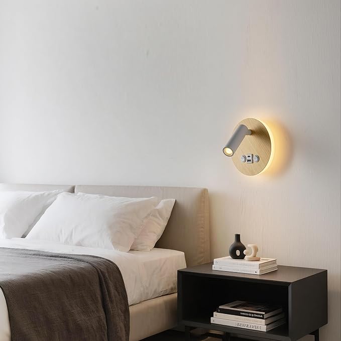 Modern Minimalist LED Wall Sconce,Hardwired 2-Light Reading Backlight,Dual Light Control (3W/240lm+6W/480lm), Swing Arm Wall Light Fixtures for Bedroom/Bedside（Wood Grain）