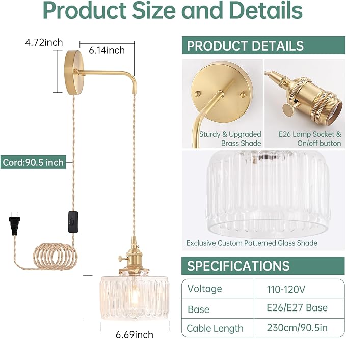 Shenmoyl Vintage Wall Sconce Wall Lamp with Clear Striped Glass Shade Hanging Wall Sconce with 4.9FT Plug in Cord, Modern Wall Lamp Fixtures Decor for Bedside Bedroom Indoor Doorway