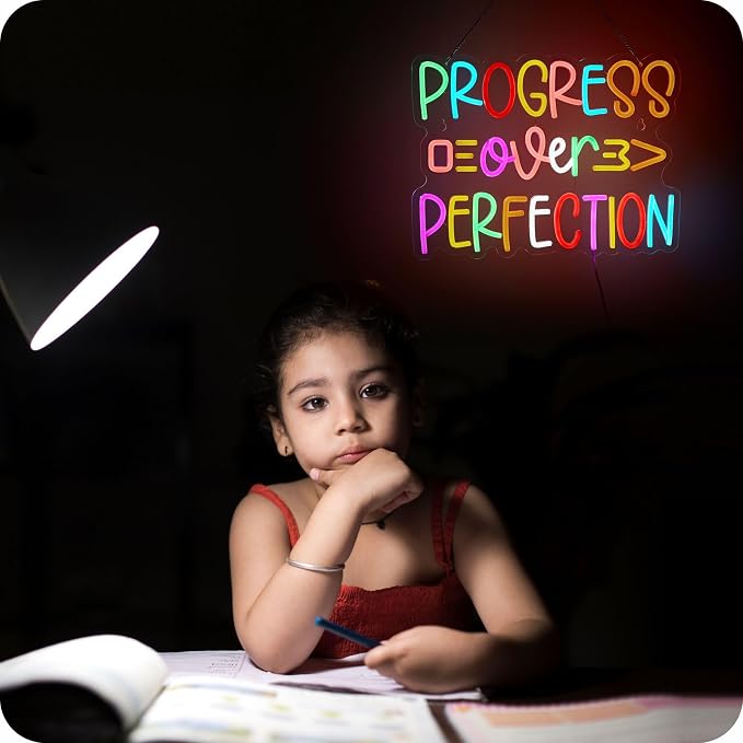 Progress Over Perfection Neon Sign, Positive Affirmation LED Light for Wall Decor Multicolored Signs for School Motivational Classroom Kids Room Home Compatible with Timer (15.7 X 12.6 in)