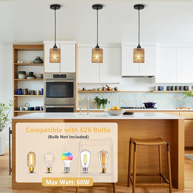 3 Pack Rattan Pendant Lights Kitchen Island, Farmhouse Pendant Lighting with Hand Woven Wicker Shade, Boho Chandelier Light Fixtures Ceiling Hanging for Dining Room Bedroom Foyer Hallway