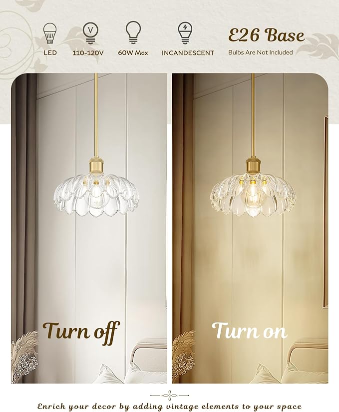 FEMILA Vintage Gold Flower Glass Pendant Light for Kitchen Island | 10.4" floral glass hanging light fixtures, adjustable height up to 51.8", E26 base, flat, sloped or vaulted ceiling mount