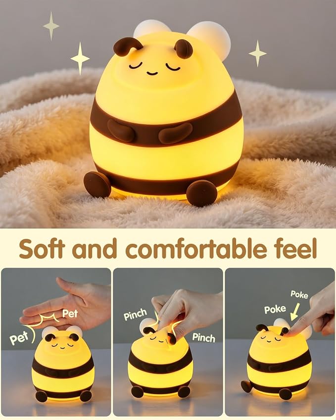 YISUN Bee Silicone LED Night Light, 3 Level Dimmable Kids Room Nursery Lamp | Soft Squishy, Rechargeable Bedside Touch Light, Novelty Animal Lamp for Boys Girls Toddlers