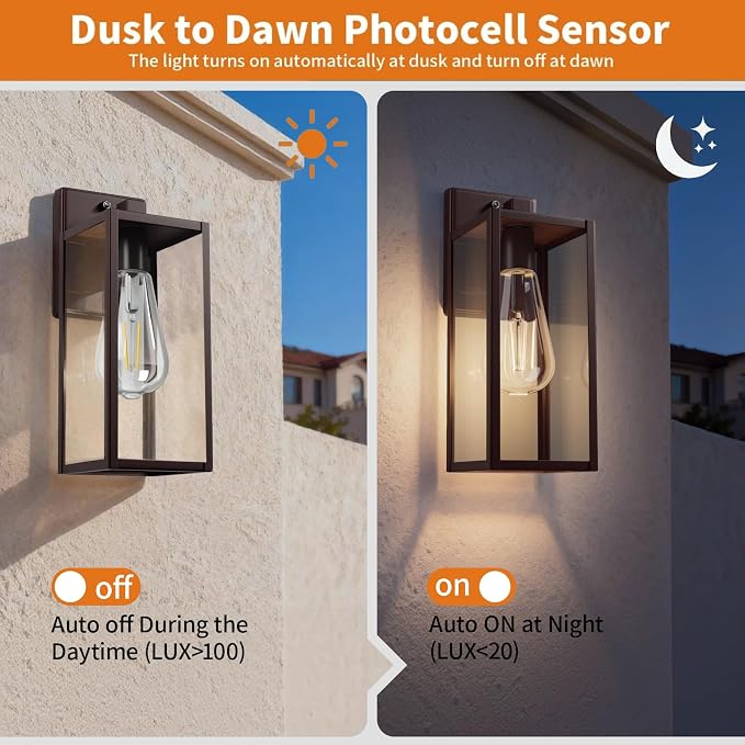 15'' Oil Rubbed Bronze Dusk to Dawn Outdoor Porch Lighting Fixtures Wall Mount, Sensor Exterior Wall Light for House, Ouside Lantern Lamp, Waterproof Wall Sconce Lights, Coach Light for Garage