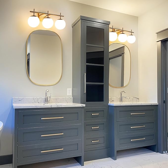 Gold Bathroom Light Fixtures, 3-Light Bathroom Vanity Light Over Mirror, Modern Vanity Lighting Fixtures with Milky White Globe Glass Shade, 22.4 inch Wall Sconce Light (Exclude E26 Bulb)