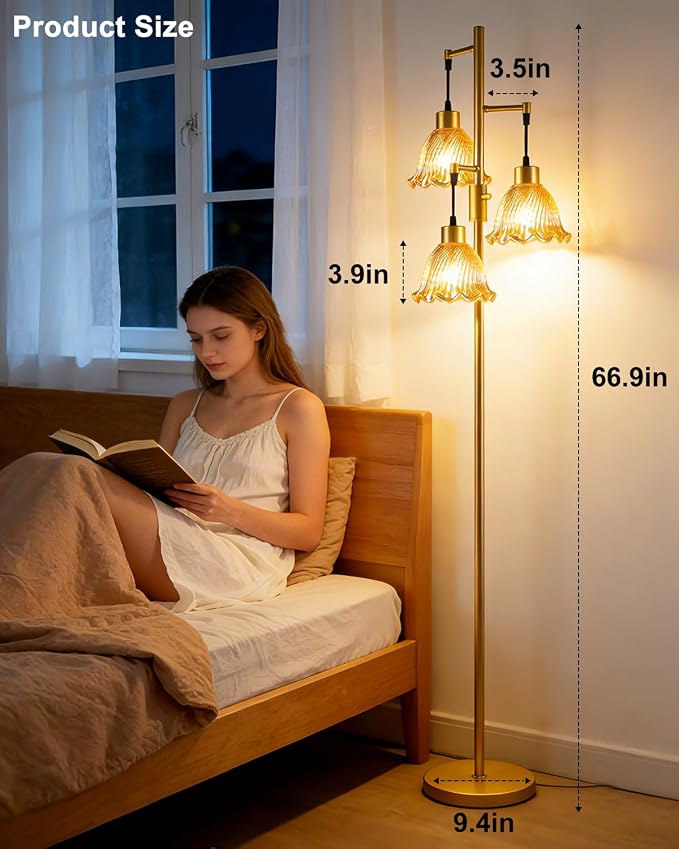Lightdot Glass Floor Lamps for Living Room, 3-Light Dimmable Floor Lamp with Amber Glass Shade& E12 Bulbs Included, Mid Century Standing Tall Lamp with 5Lbs Heavy Base for Bedroom/Sofa Beside-Gold
