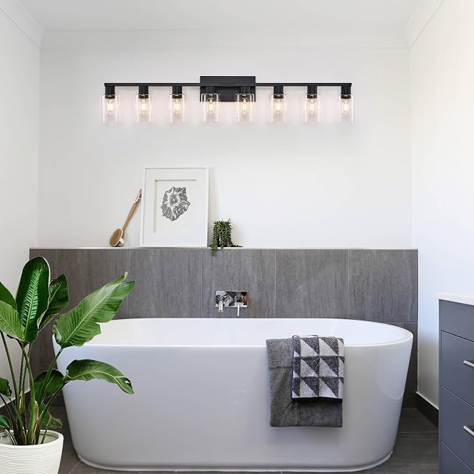 8 Light Bathroom Vanity Light Black Vanity Light Fixtures Bathroom Lights Fixtures Over Mirror Large Wall Lights with Clear Glass Shade for Bedroom Living Room Makeup