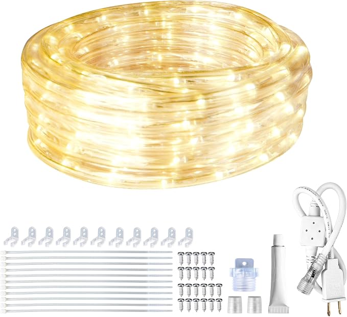 LED Rope Lights Outdoor Warm White, Waterproof 18FT Cuttable 3000K Soft Lighting Indoor 110V Flexible Clear Tube for Bedroom Outside Garden Deck Patio Camping Decor, Not Flat Strip