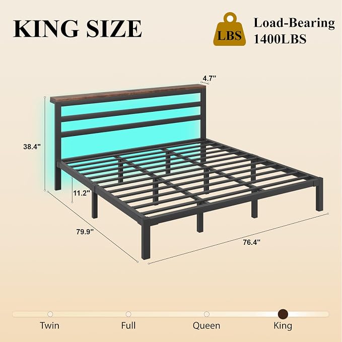 LOEWAY King Size Metal Bed Frame with Storage Headboard & LED Lights, Black | Built-In Charging Station, Under-Bed Storage, Heavy Duty Metal Slats, No Box Spring Needed, Solid and Stable, Easy Assembly