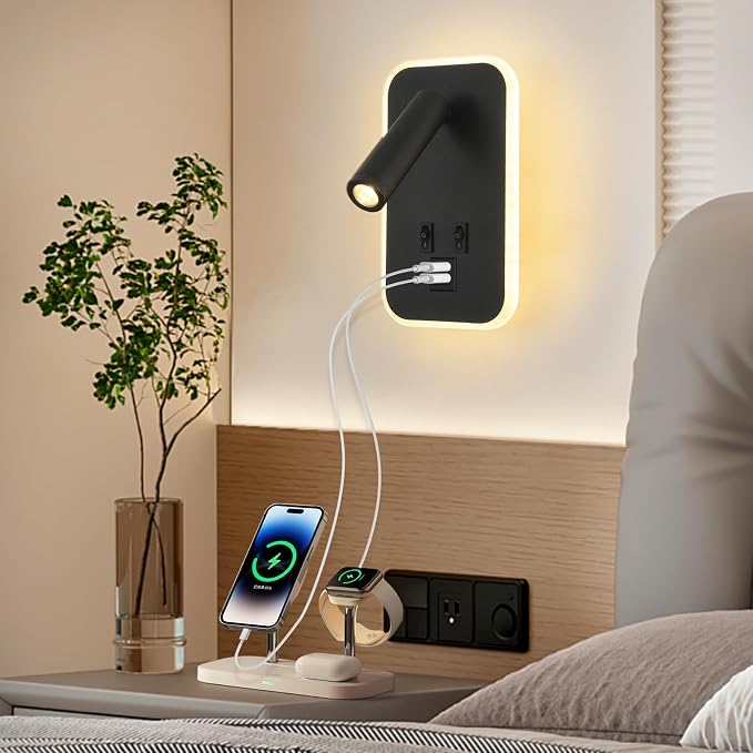 Wall Lamp with Wall Mounted Reading Lights,Modern Black Wall Sconce Plug in for Bedroom Living Room with Charging Station USB C+A Ports,Headboard Bedside Lamps with 3W+9W Night Light 3000K