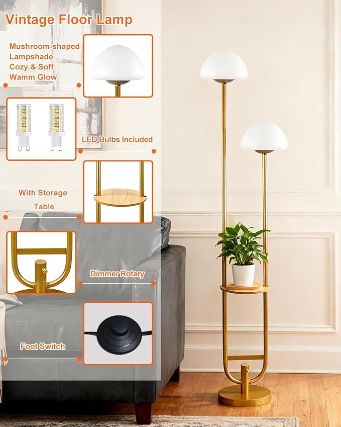 Lightdot 63IN Gold Dimmable Floor Lamp with Table Modern Mid Century Standing Lamps with Bulbs Included Unique Vintage Tall Floor Lamp with 5Lbs Heavy Base for Living Room/Sofa Beside/Corner Decor