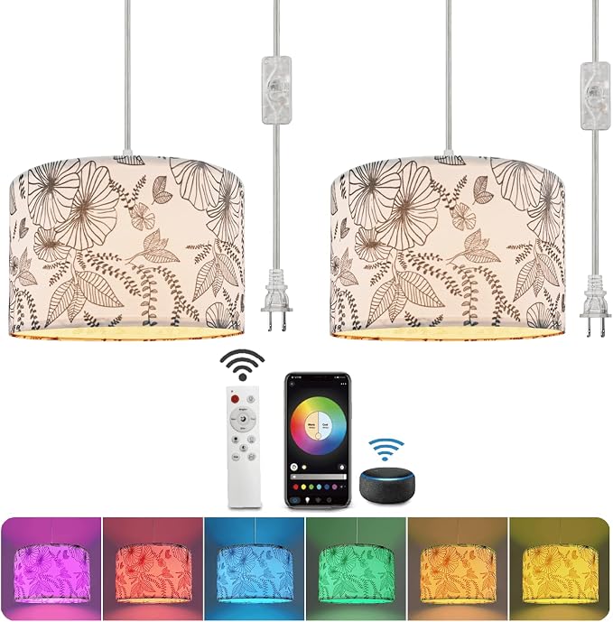 Hanging Lamp Plug in Pendant Light 2 Pack with Remote Control, 15Ft Hanging Lights with Plug in Cord Flower Lamp Shade Hanging lamps for Living Room Plug in Hanging Light Fixture for Bedroom, Kitchen