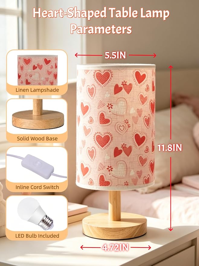 Heart Shaped Kids LED Table Lamp for Bedroom Womens Girls Bedside Lamps,3-Way Dimmable Love Heart Nightstand Night Light,Cute Boho Desk Lamp for Home Nursery Decor,Romantic Love Gifts for Women Girl