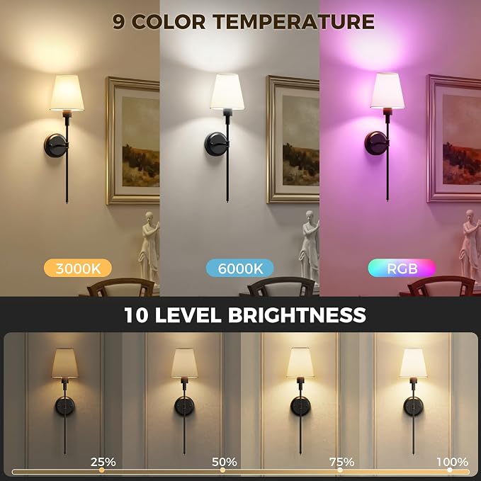 Battery Operated Wall Sconce: Set of 2 Wireless Wall Light 12000mAh | 15 Color Rechargeable Wall Sconces, Sconce Wall Decor Set of 2 for Bedroom, Living Room, Black, 24.6in