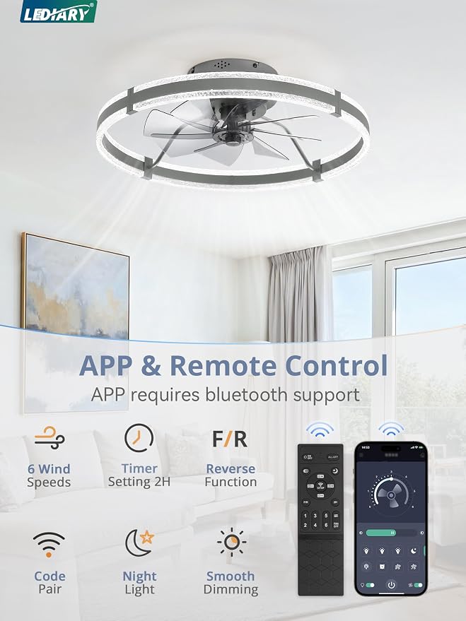 LEDIARY 24'' Modern Low Profile Ceiling Fans with Lights and Remote, Gray | 3000-6000K Dimmable LED, 6 Wind Speeds, Quiet Reversible DC Motor, Small Flush Mount Fandelier for Bedroom, Living Room