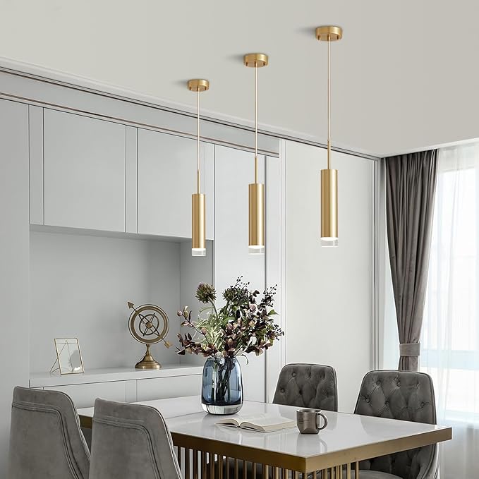 KCO Lighting Long Tube Pendant Lights Kitchen Island Small Gold Pendant Light Mini Cylinder Pendent Lights Industrial Mid Century Modern Hanging Light Bushed Brass Living Room Light 3 Pack