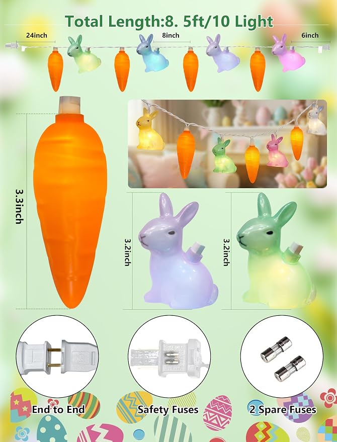 10 LED Bunny Carrot Camping String Lights, 8.5Ft Easter Decoration Outdoor | Shatterproof, Plug in Rabbit Lights Indoor, Connectable, Multicolor Fairy Lights for Party Garden Home Summer Decor for Kids