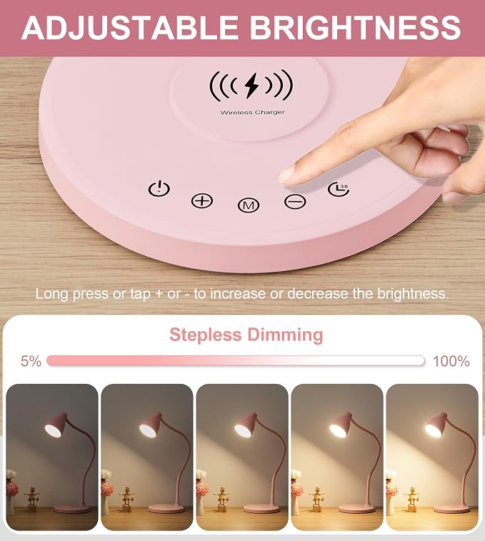 BOHON Cute Desk Lamp for Home Office with USB C+A Charging Port Timer Pink | LED Desk Light with Wireless Charger 5 Colors Stepless Dimming Reading Light Touch Bedside Table Lamp for College Dorm Room