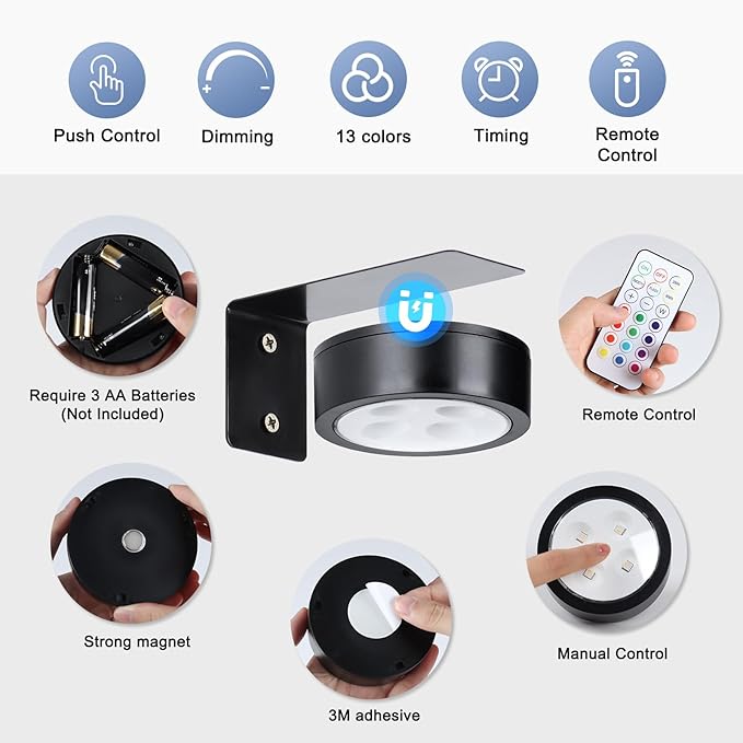 4-Pack Wireless Battery Operated Painting Light with Remote Control,13 Color RGB Magnetic Led Art Picture Lights for Wall, Dimmable and Timer Poster Light, Wall Decor Black Display Light